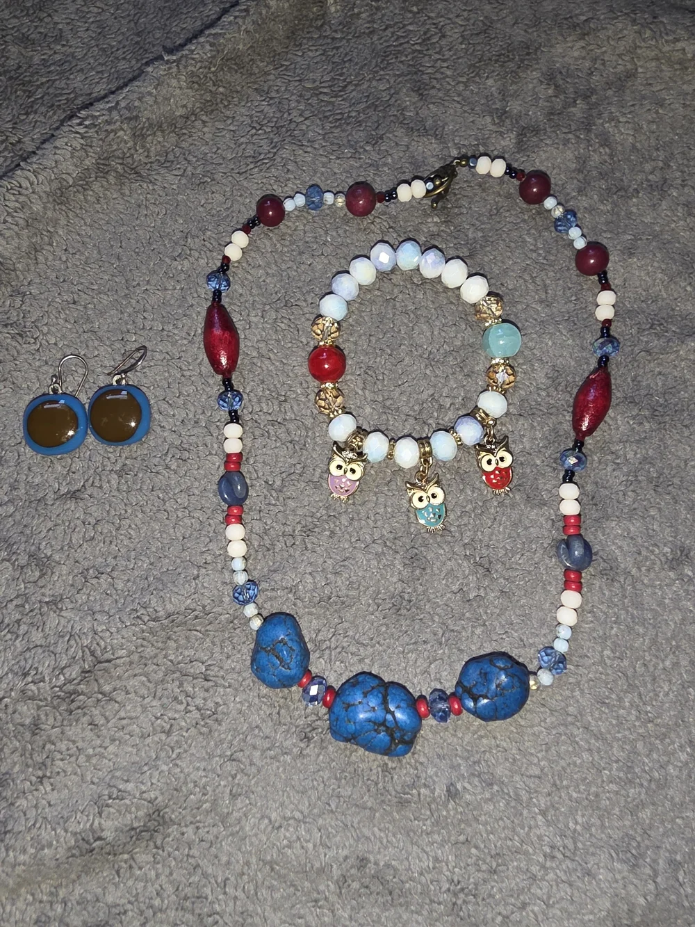 Blue Stone & Red, White Bead Necklace & Owl Charm Bracelet Set